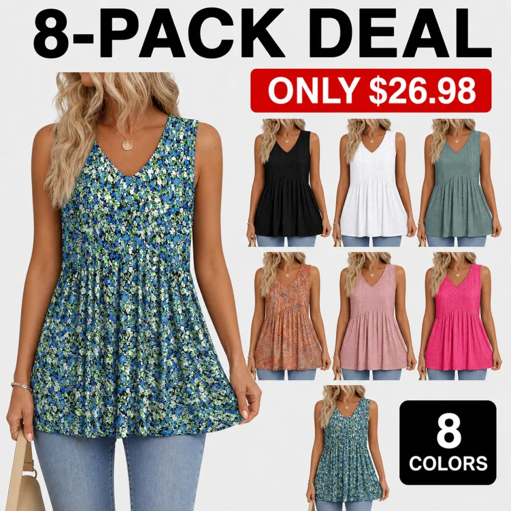 Women's Flowy V-Neck Babydoll Tank Tops Sleeveless Summer Peplum Tops