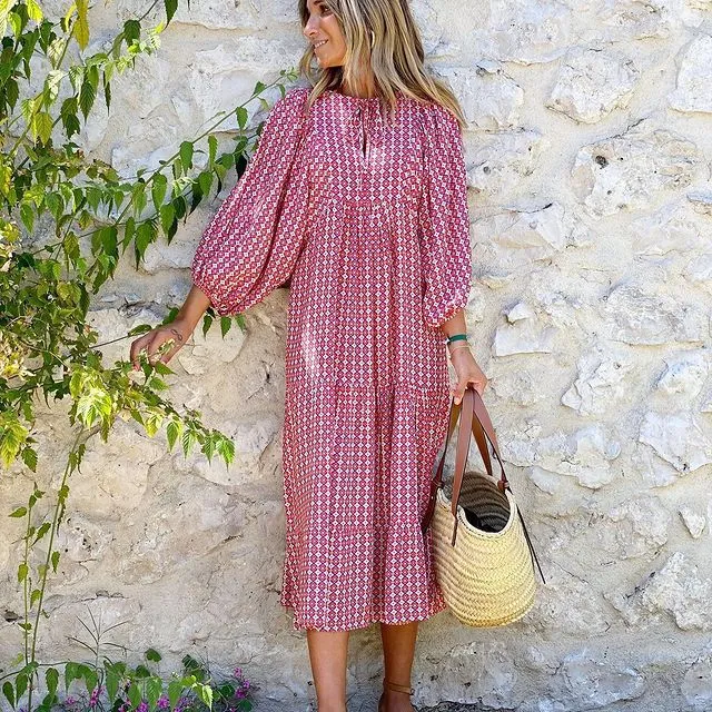 Bohemian Lantern Sleeve Long Dress Printed Large Swing Women's