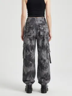 Functional Tie Dye Pattern Silhouette Women's Multi Pocket Cargo Pants