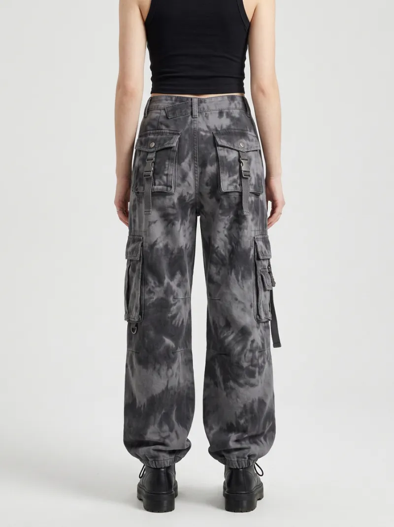Functional Tie Dye Pattern Silhouette Women's Multi Pocket Cargo Pants