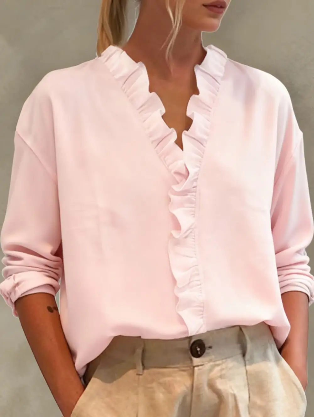 Ruffle V-Neck Long Sleeve Blouse