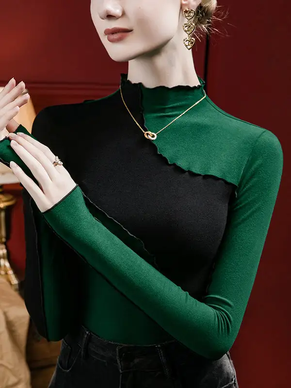 Long Sleeve Curve Fit Contrast Ruffle Trim Panel Detail Mock Neck T-Shirt