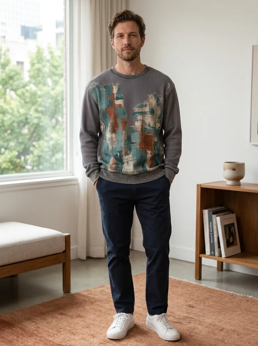 Men's Grey Abstract Waffle Knit Crewneck Sweatshirt