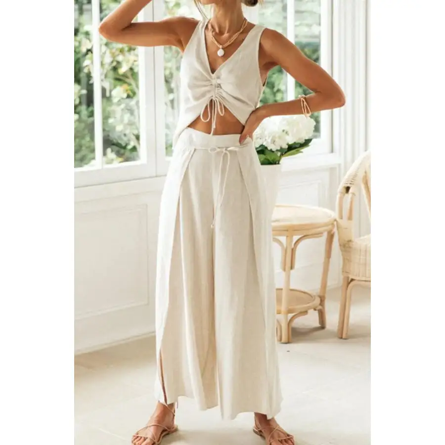 Drawstring V Neck Tank and Pants Set