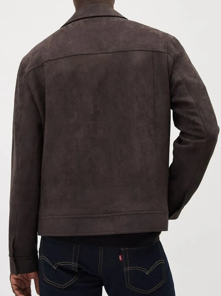 Brown Faux Suede Jacket with Shirt Collar
