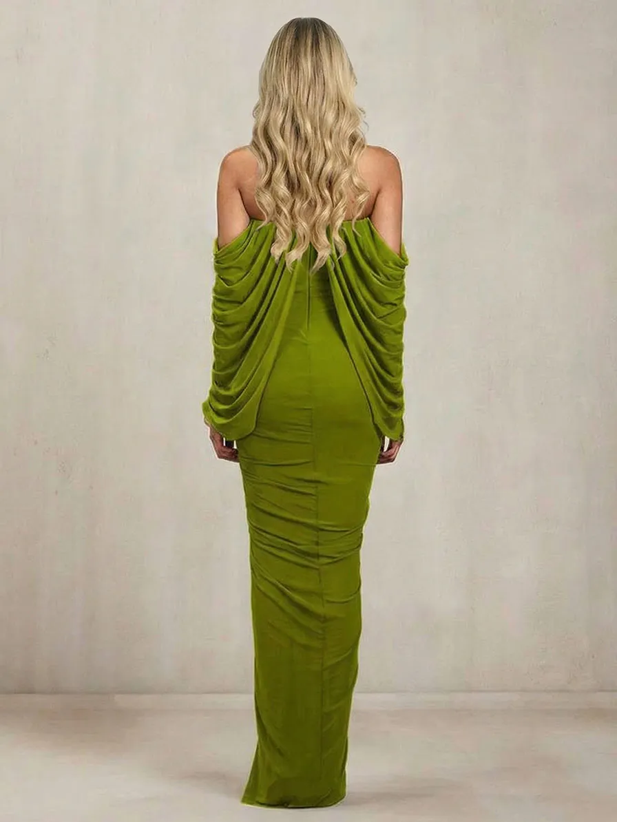 Ruched Drapedd Cape Sleeve Maxi Dress