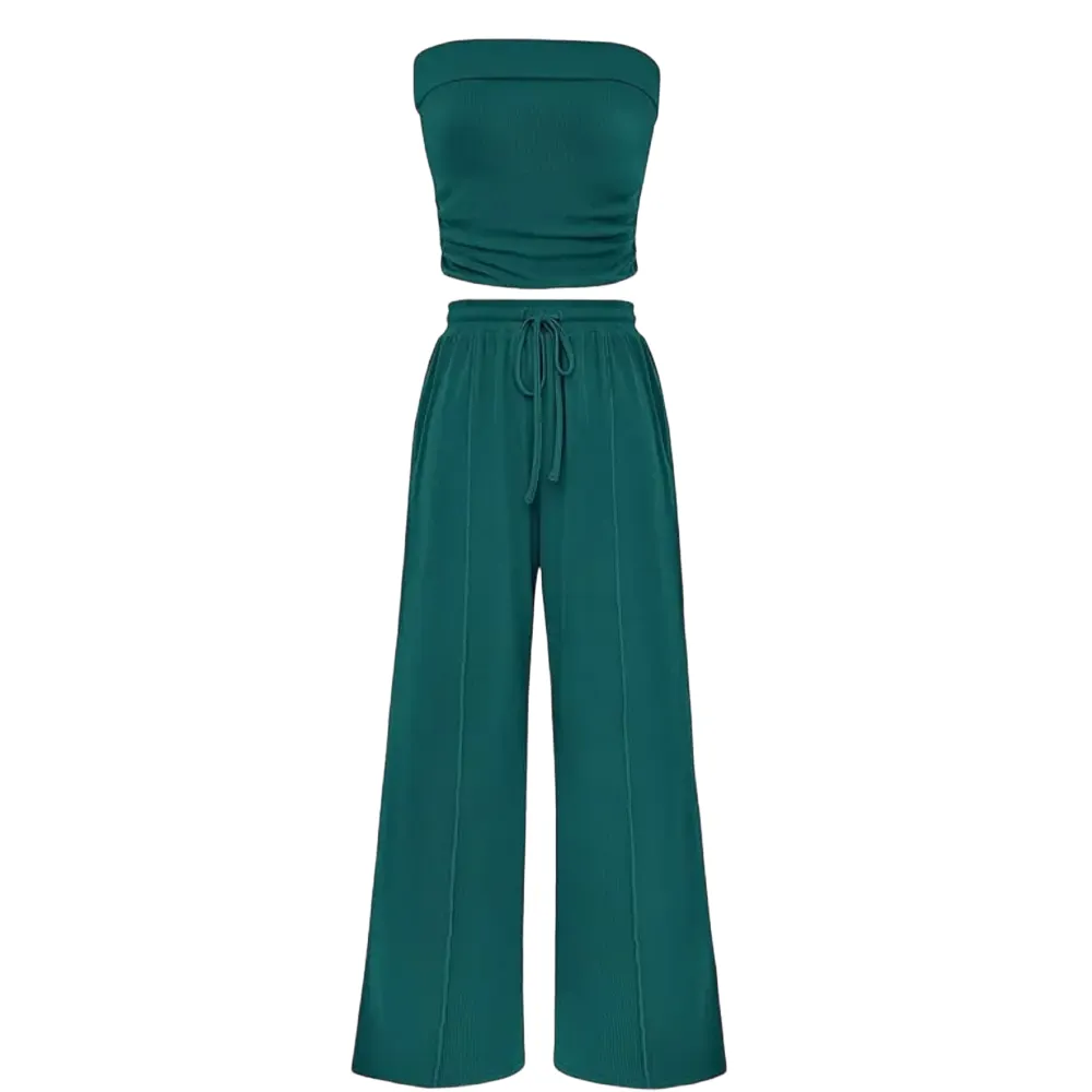 Women's Summer Outfits 2 Piece Sets Casual Ribbed Knit Crop Top & Wide Leg Pants