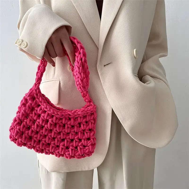 Solid Crochet Knitted Shoulder Bag