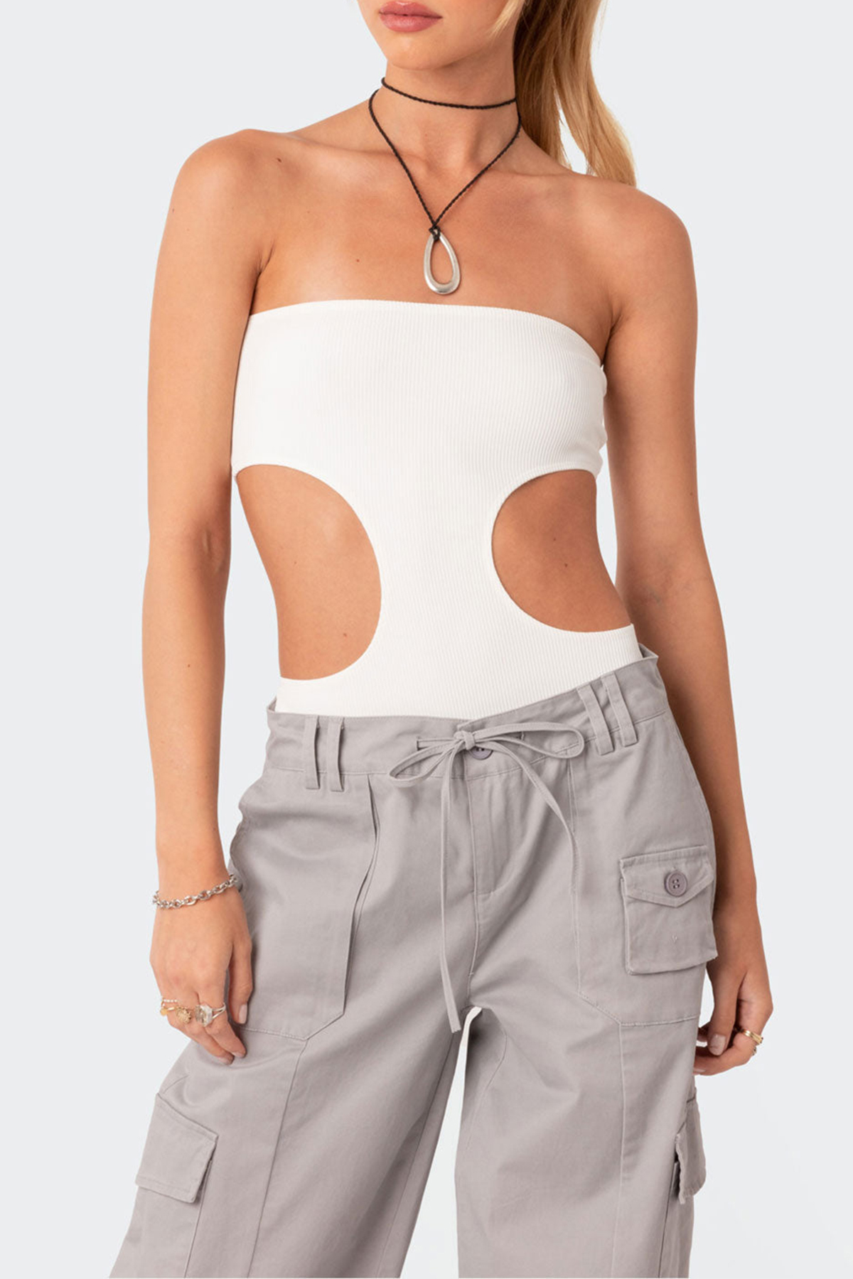 Ribbed Cut Out Bodysuit White