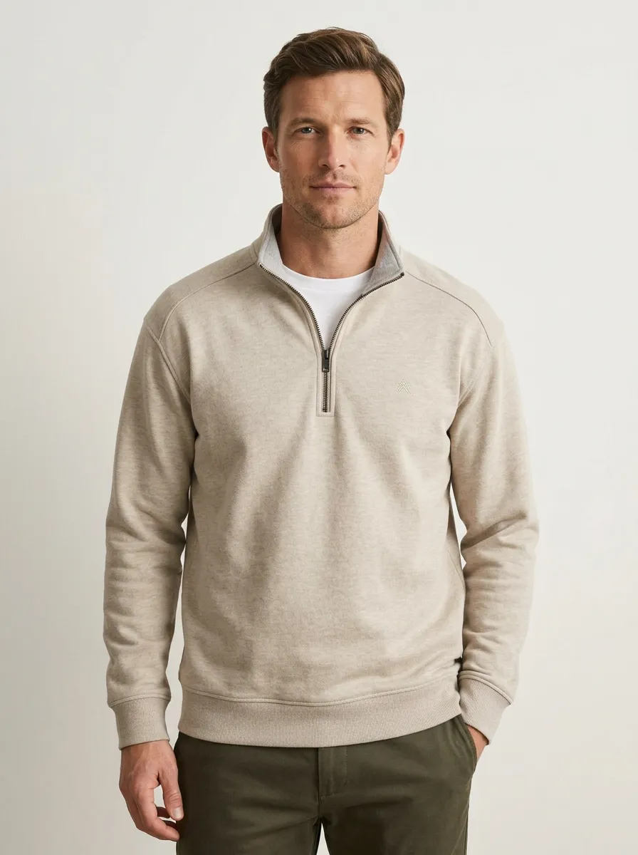 Men's Minimalist Textured Raglan Embroidered Emblem Stand-Collar Quarter-Zip Sweatshirt