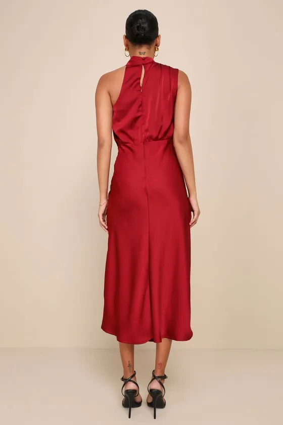 Distinctive Charm Red Orange Satin Asymmetrical Midi Dress