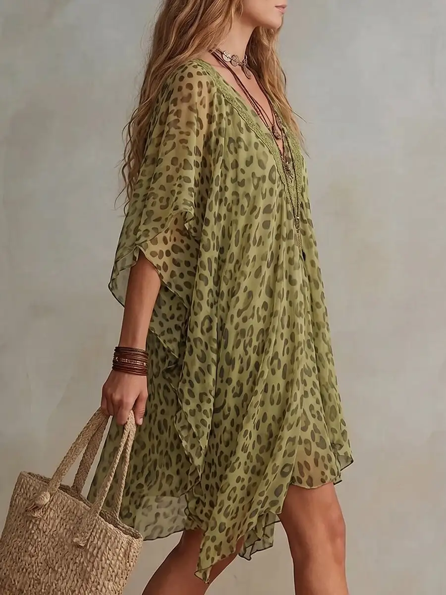 Batwing Sleeve Half Sleeve Asymmetric Contrast Color Leopard Ruffle Trim See