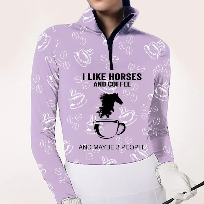 Women's Riding Style Horse And Coffee Print Long Sleeve Casual Shirt
