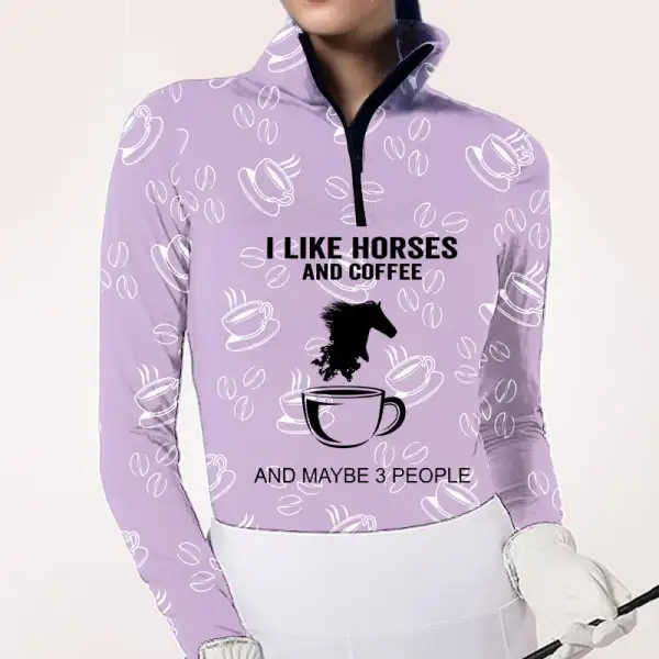Women's Riding Style Horse And Coffee Print Long Sleeve Casual Shirt