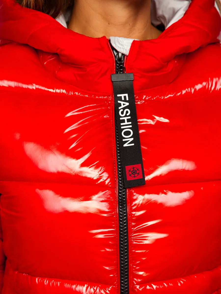 women's red quilted winter jacket with hood