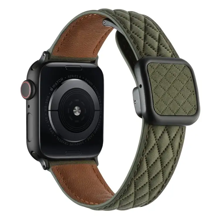 Rhombus Pattern Magnetic Square Buckle Leather Watch Band for Watch 42 mm - Army Green