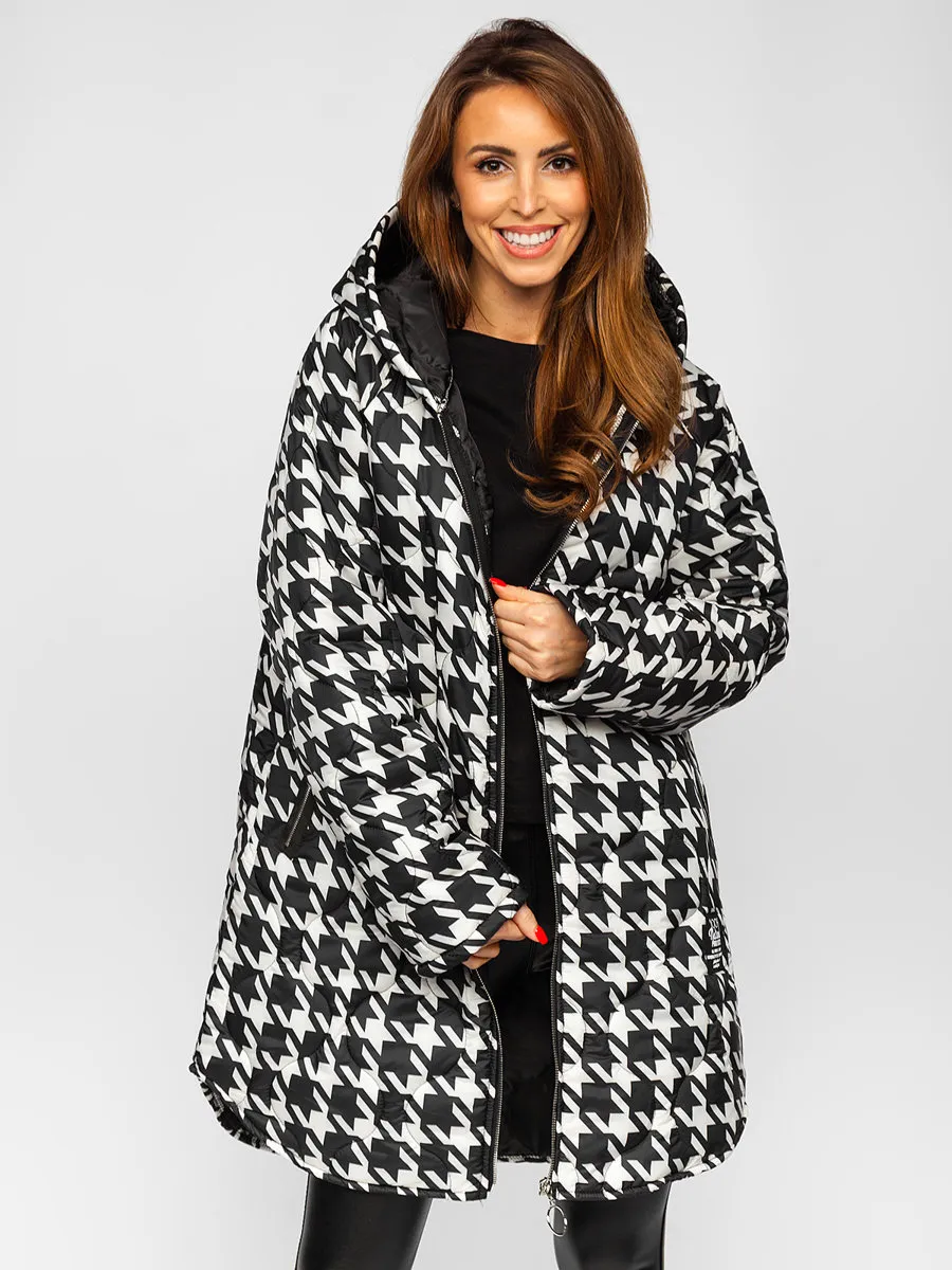 Black and white women's quilted winter jacket with hood
