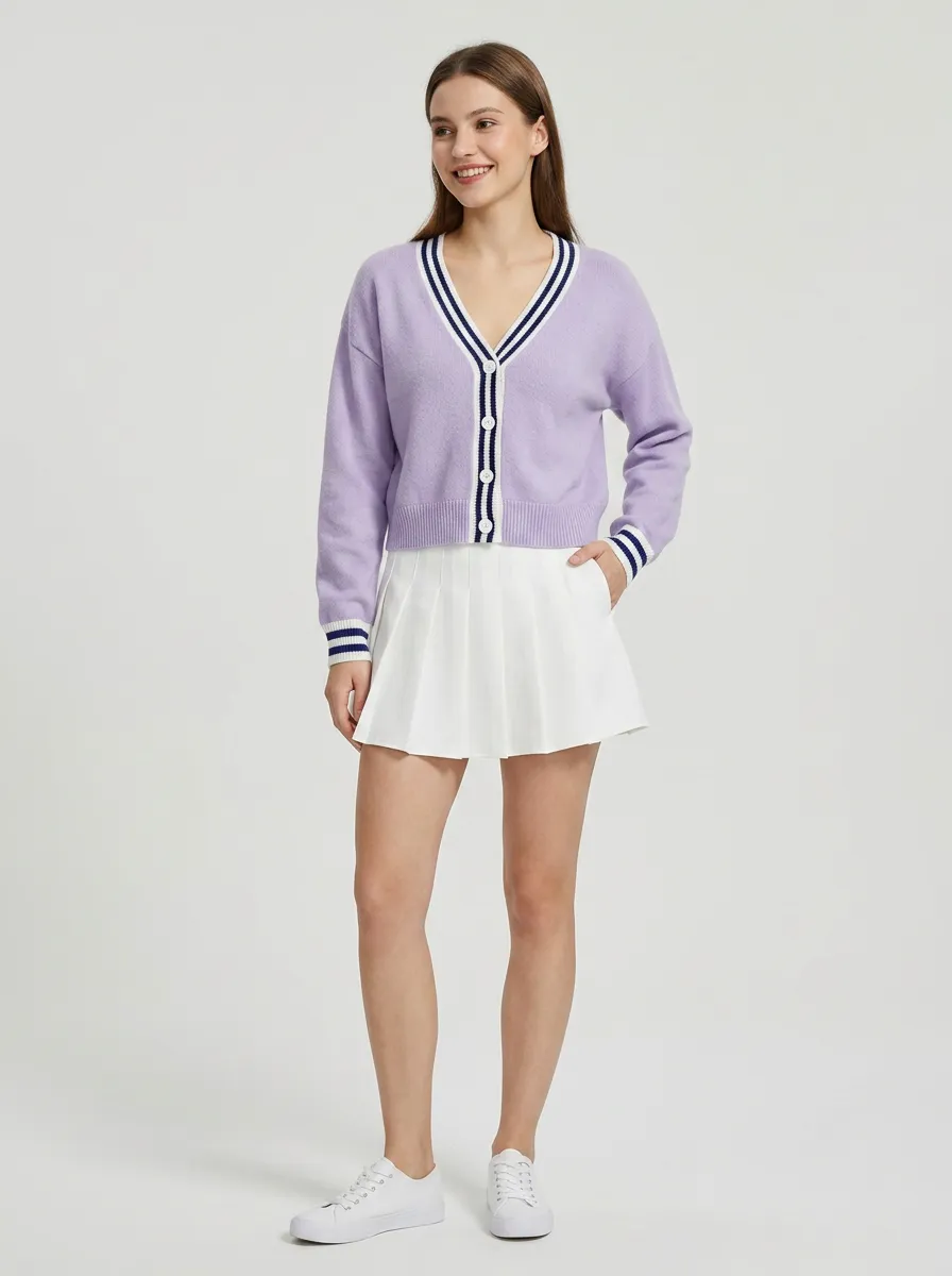 Women's Lavender V-Neck Varsity Cardigan