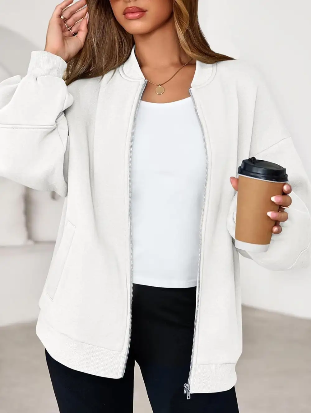 Textured Detail Zip-Up Sweatshirt Jacket