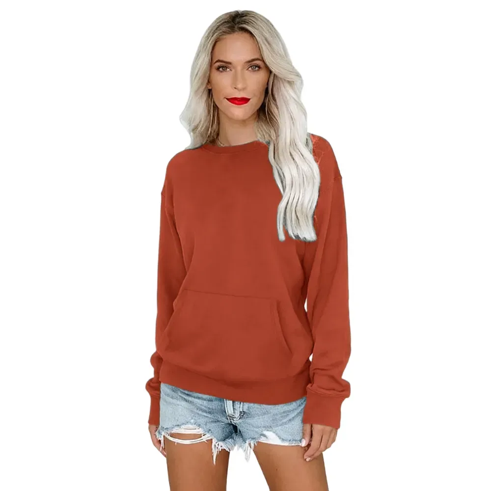 Women's Crewneck Hoodless Sweatshirt With Kangaroo Pocket Fleece Longsleeve Oversized Casual Style Shirt Lightweight Pullover