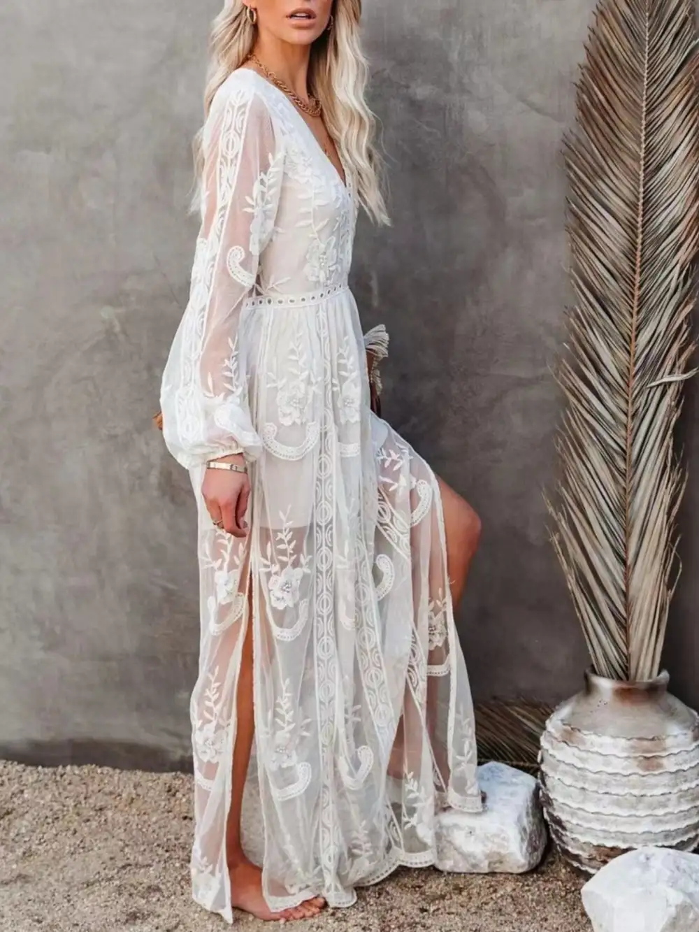 Floral Lace Slit Maxi Dress