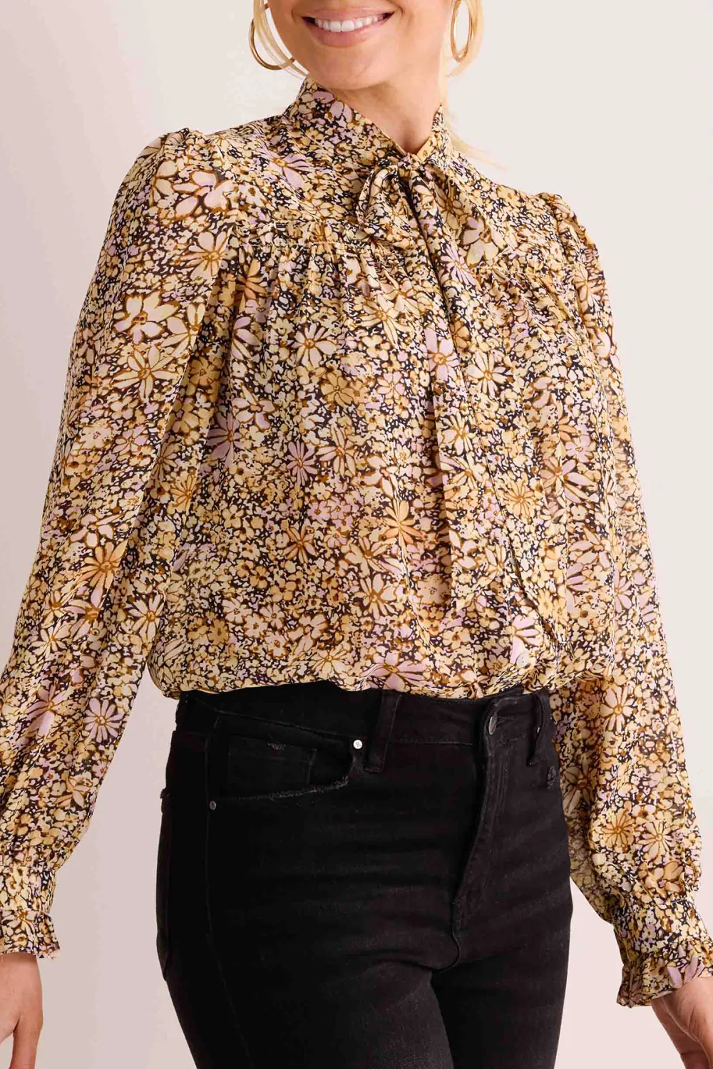 Neutral Floral Print Stand Collar Long Sleeve Blouse