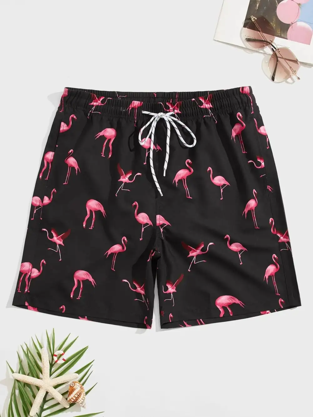 Men's Drawstring Flamingo Print Swim Trunks