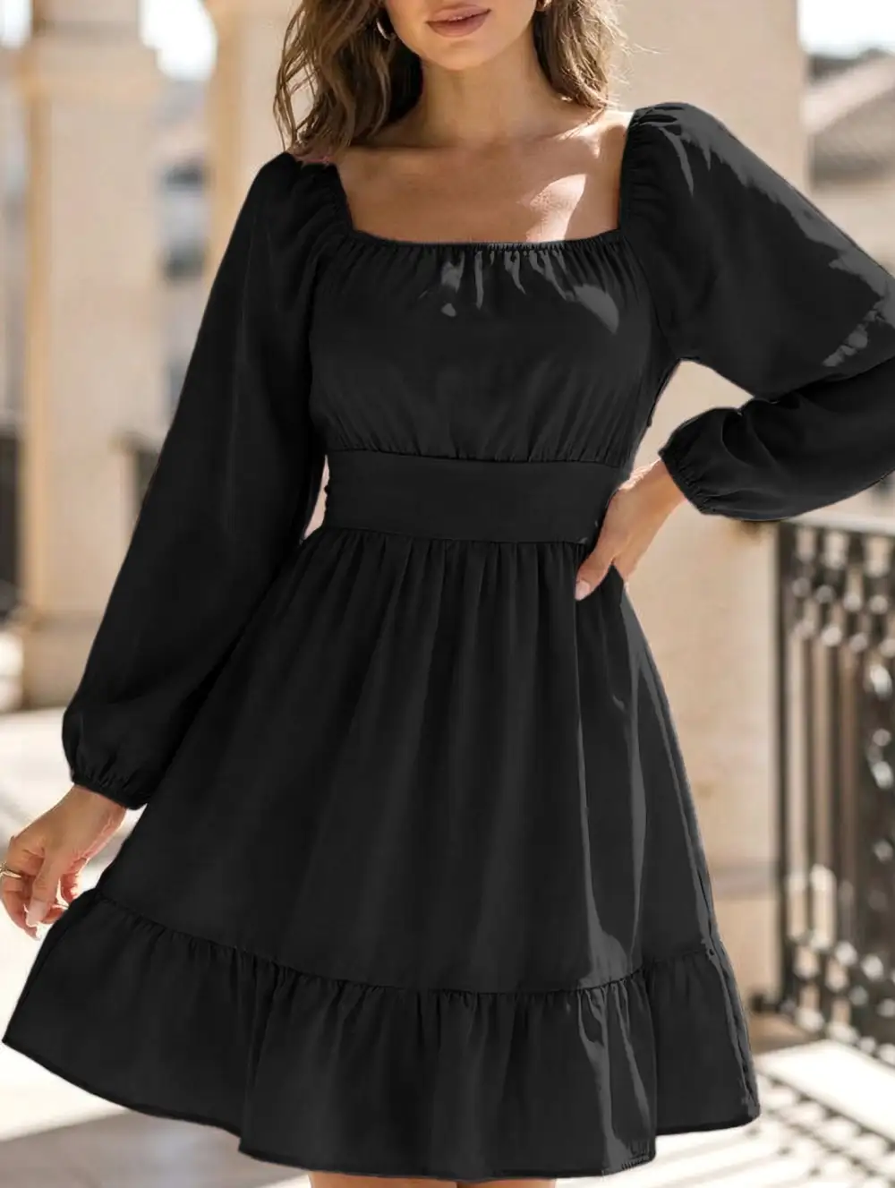 Square Neckline Ruffled Tie Up Short Dress