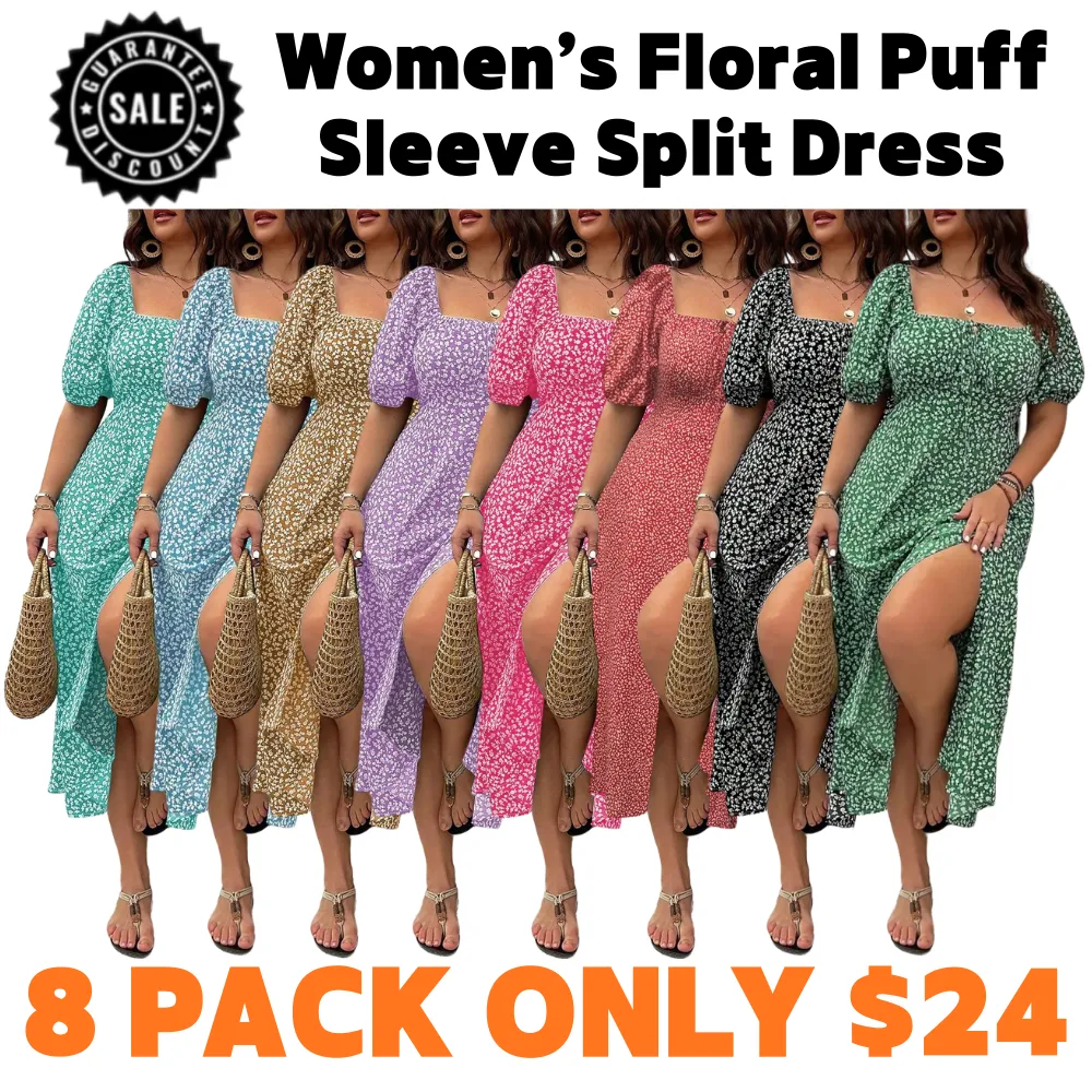 Women’s Ditsy Floral Puff Sleeve Split Dress Tie Front Summer Dress