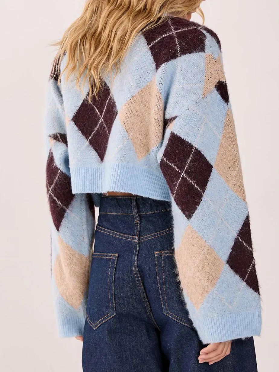 Women'S Stylish Contrast Argyle Knit Cropped Sweater