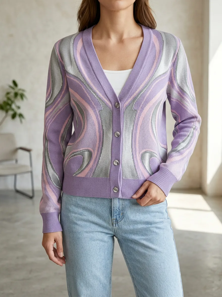 Women's Abstract Swirl Pattern Printed Ribbed Trim Daily Layering Cardigan