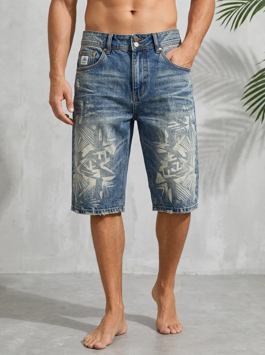 Men's Relaxed Denim Casual Streetwear Geometric Pattern Printed Denim Shorts