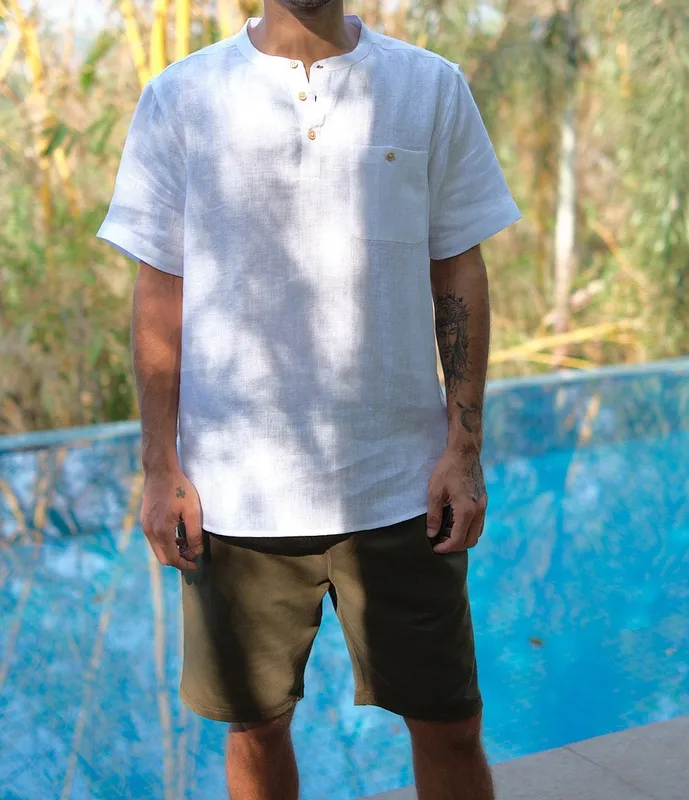 Pearl White Linen Band Collar Shirt