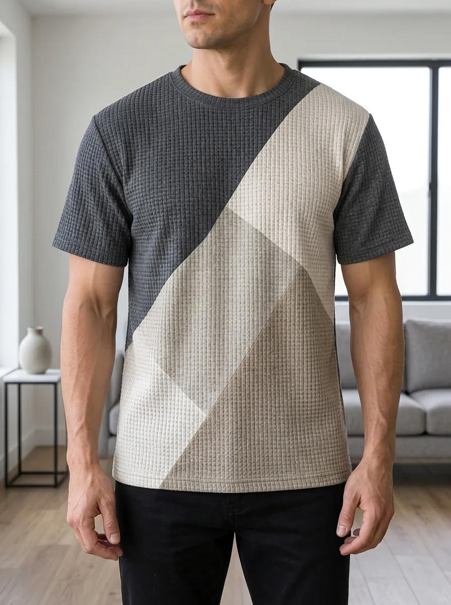 Men's Colorblock Waffle Knit Diagonal Pattern Modern Crew Neck T-Shirt