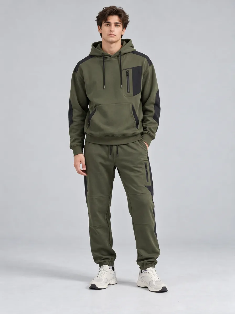 Men's Sporty Activewear Olive Green Colorblock Zippered Hoodie Jogger Set