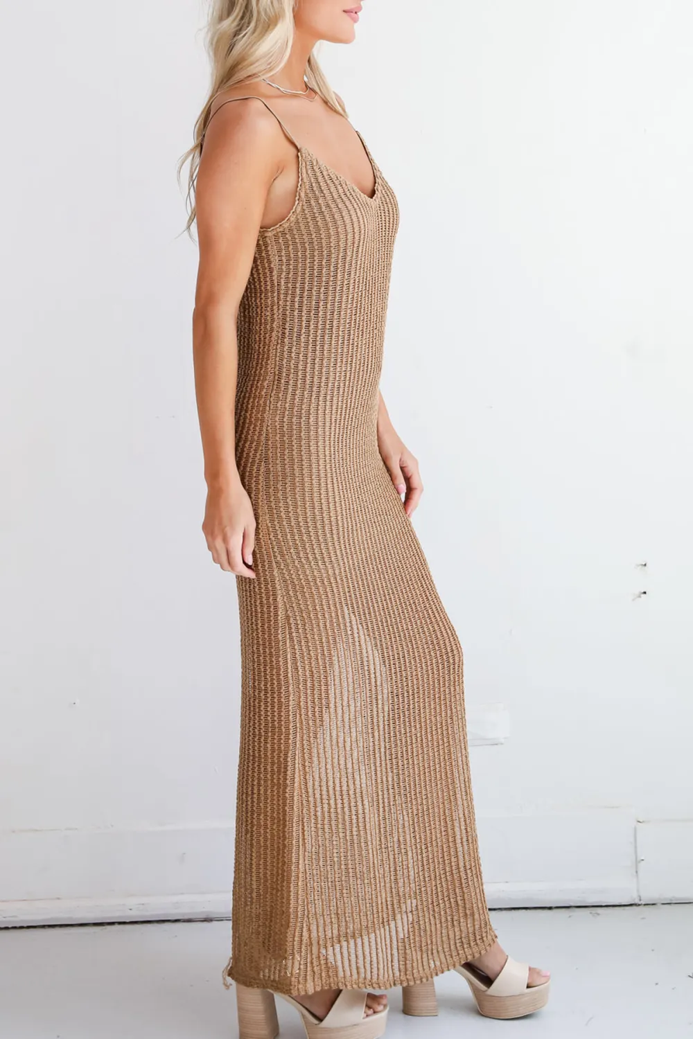 Taupe Crochet Knit Maxi Dress