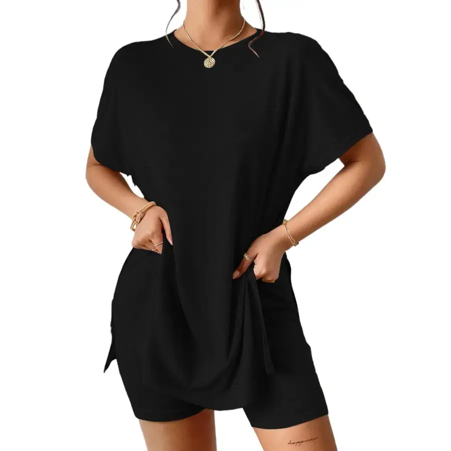 Slit Round Neck Short Sleeve Oversized Top and Shorts Set