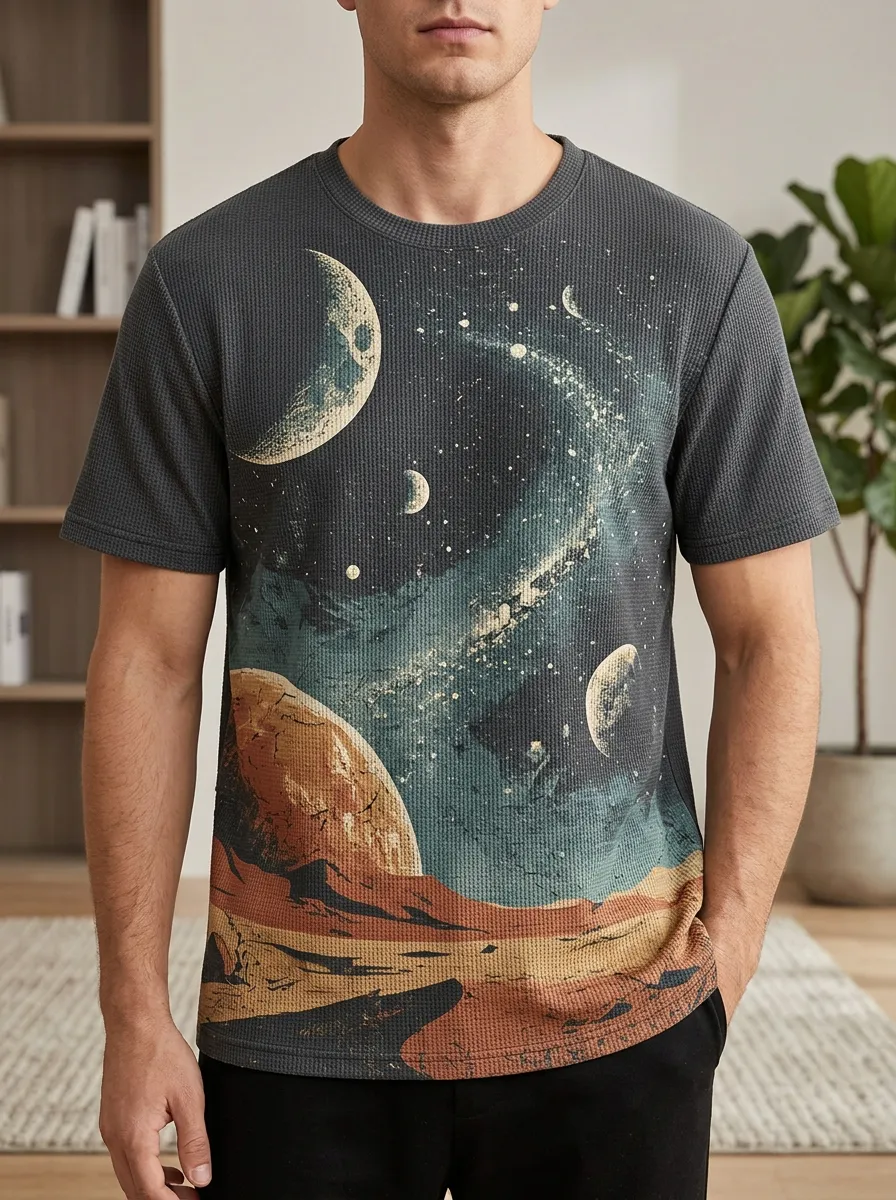Men's Space Galaxy Planet Moon Waffle Crew Neck T-Shirt