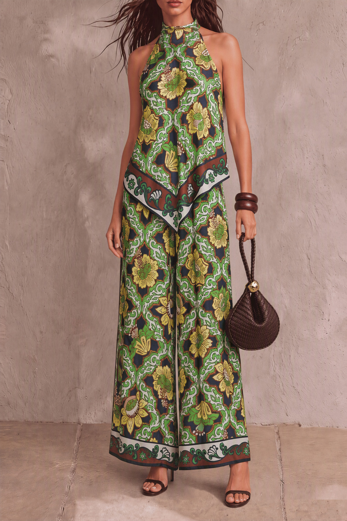Halter Neck Floral Matching Pants Set