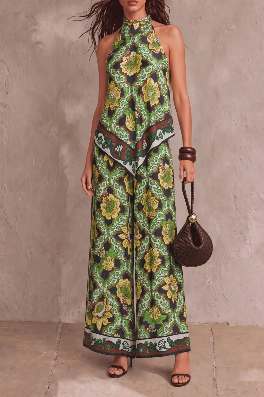 Halter Neck Floral Matching Pants Set