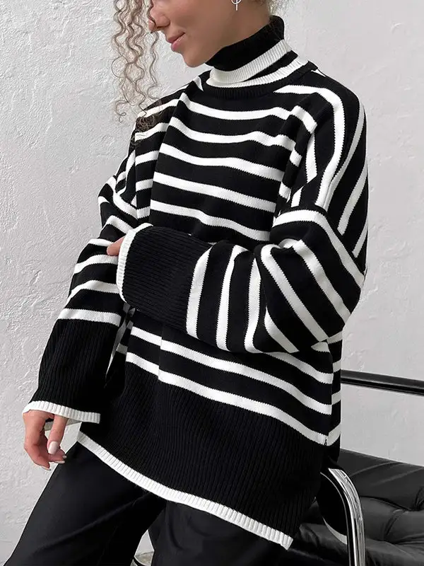 Striped High Low Split Hem Paneled High Neck Sweater