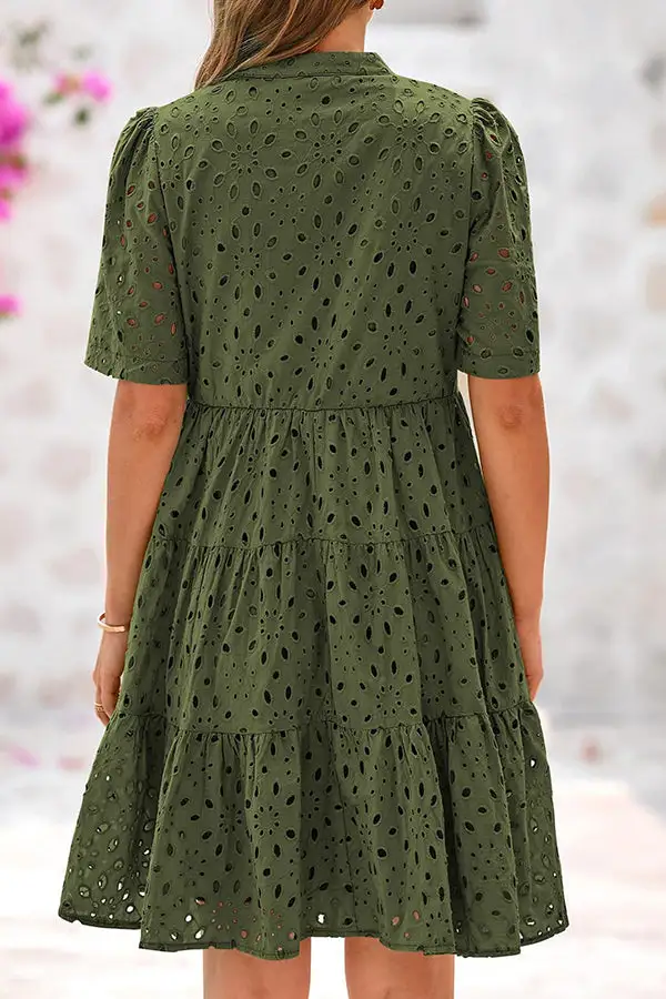 Lapel Solid Color Hollow Mini Dress