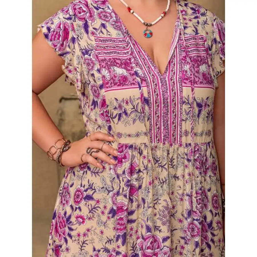 Plus Size Printed V Neck Cap Sleeve Maxi Dress