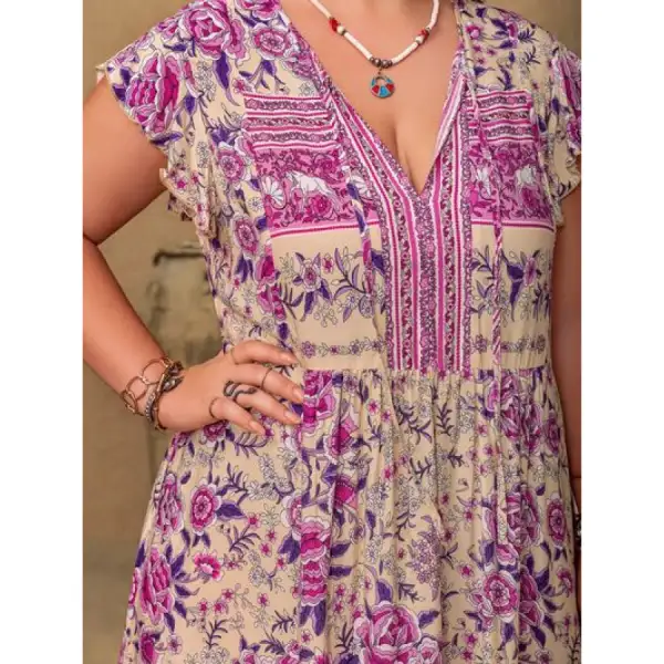 Plus Size Printed V Neck Cap Sleeve Maxi Dress