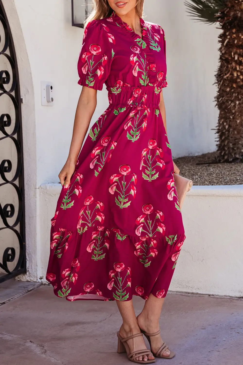 Gathered Detail Floral Printed V Neck Maxi Dress