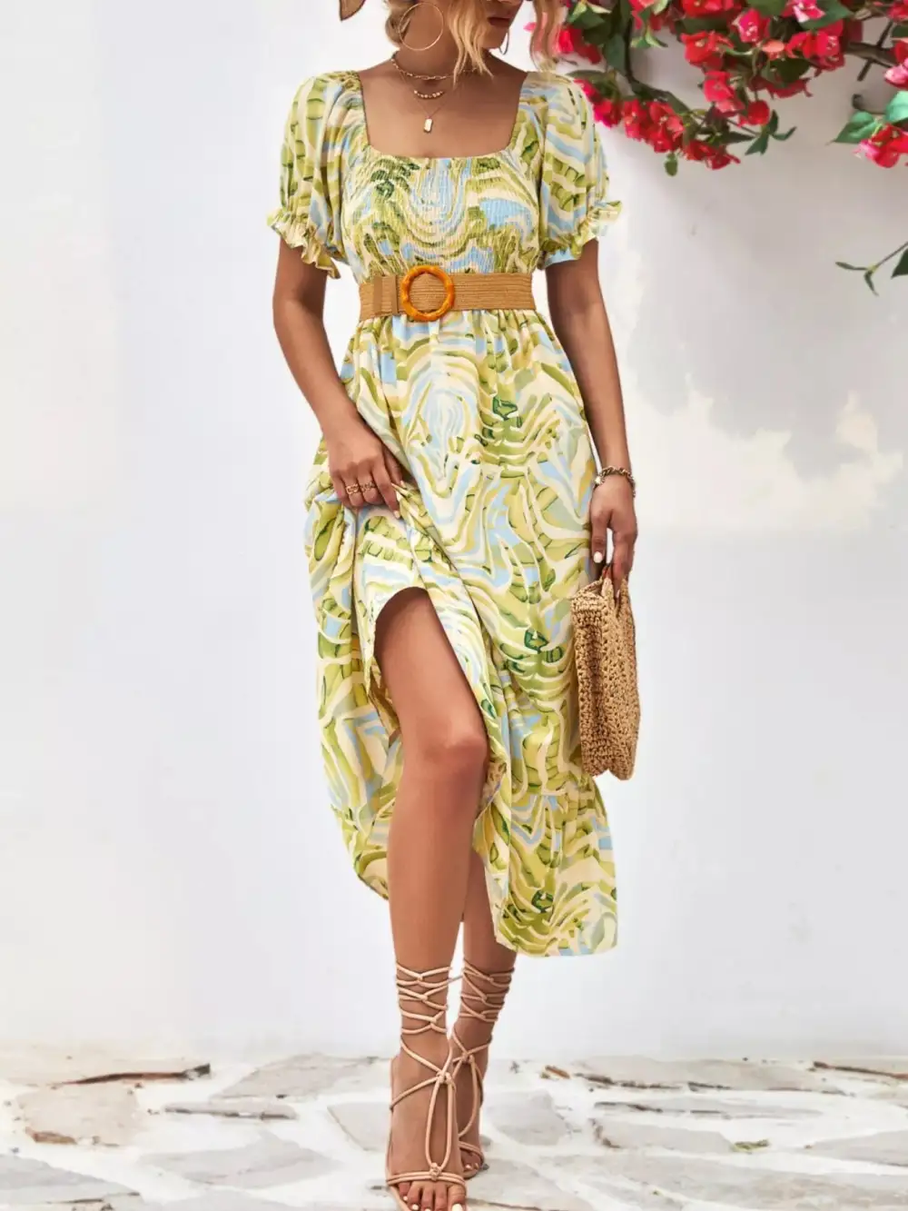 Printed Smocked Puff Sleeve Midi Dress