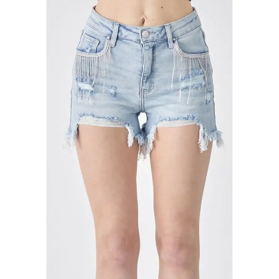 Frayed Hem Denim Shorts with Fringe Detail Pockets