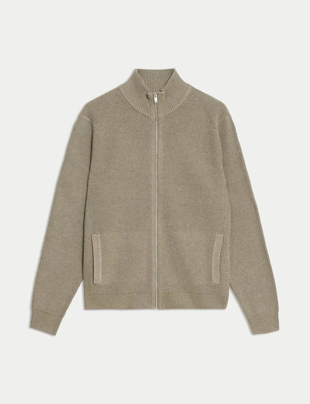 Men's Beige Cotton Blend Funnel Neck Zip Jumper