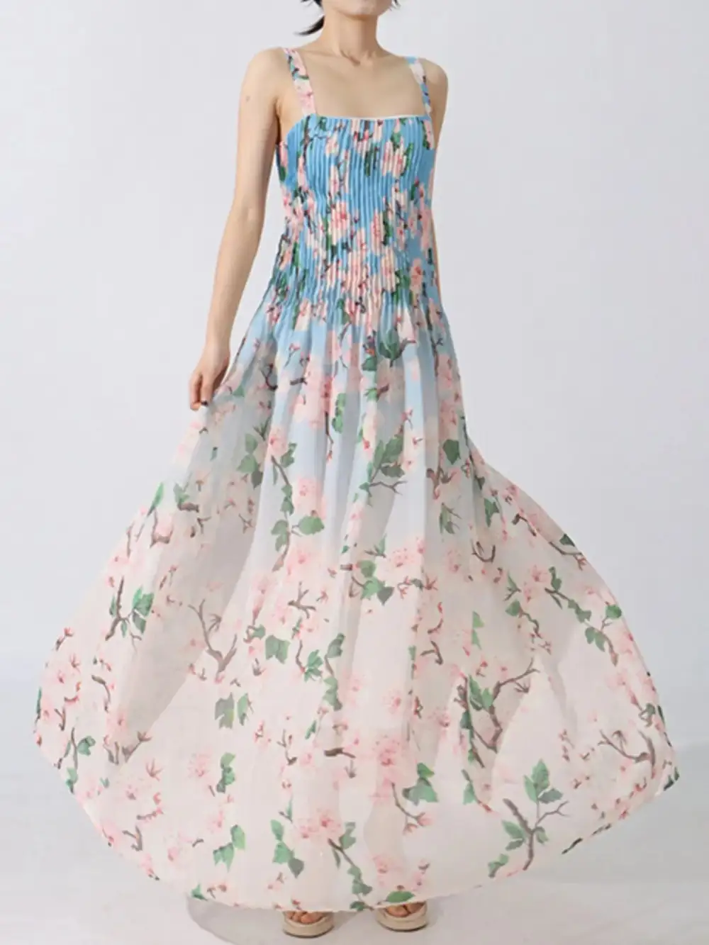 Layered Detail Floral Printed Pleated Maxi Dress
