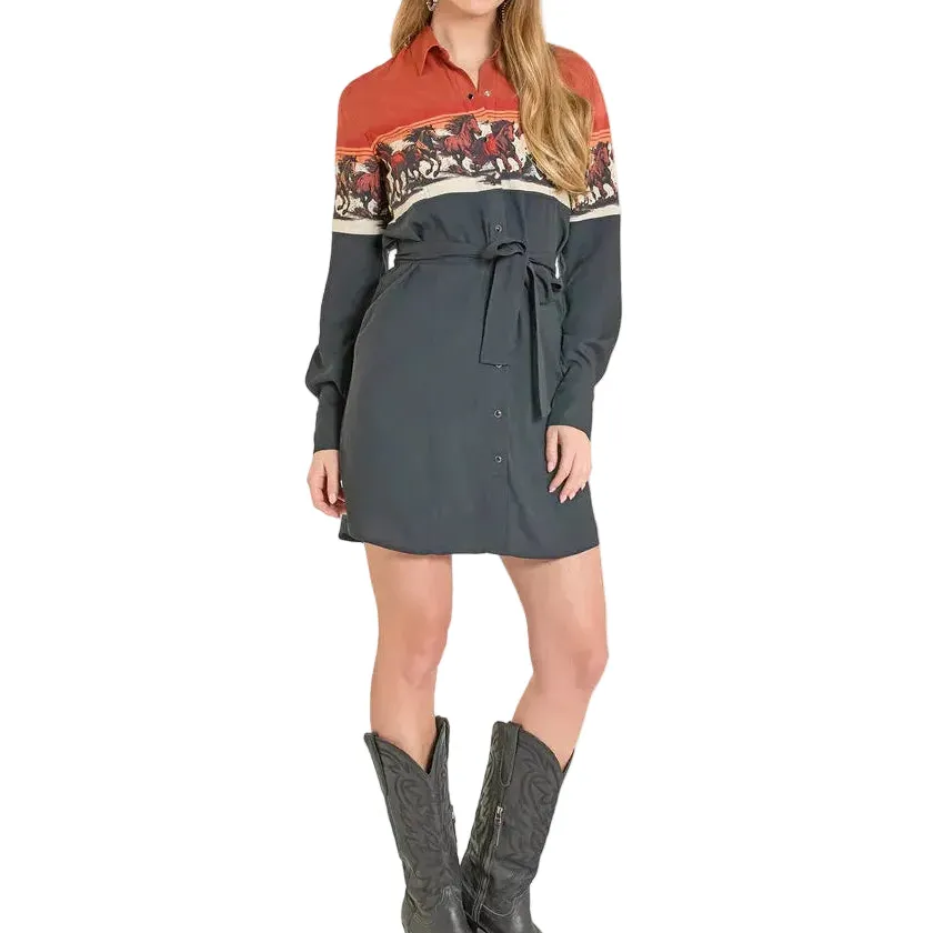 Rayon Embroidered Snap Front Casual Dress